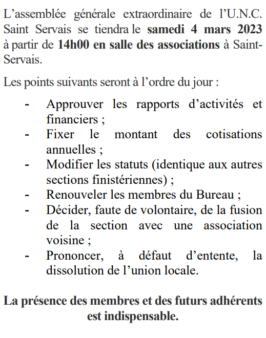 Assemblée générale extraordinaire U N C SAINT SERVAIS